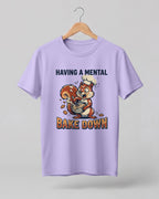 Foodie graphic half sleeve t-shirt featuring cartoon squirrel baking illustration with “Having a Mental Bake Down” typography printed on premium cotton fabric.