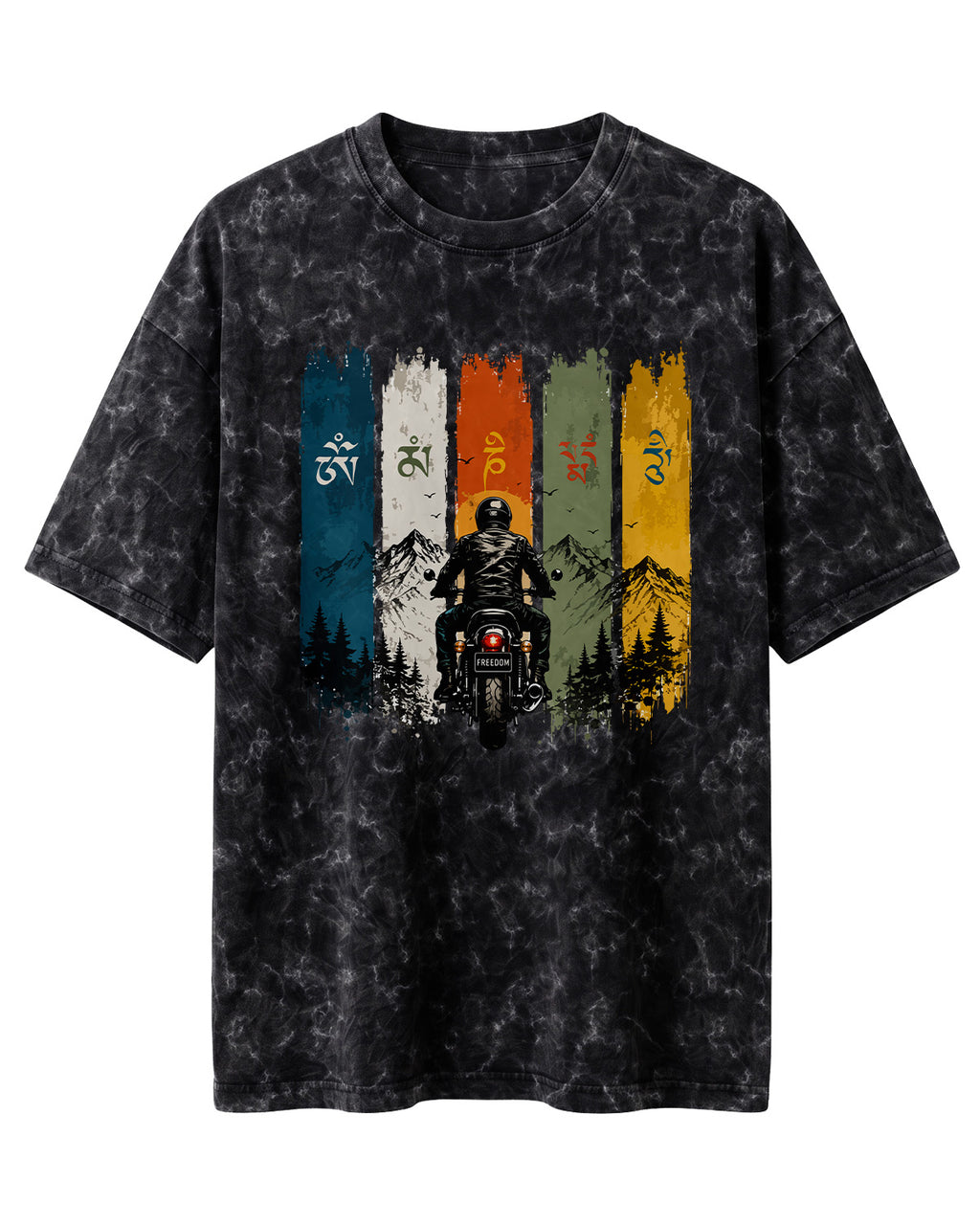 Xenovaurban Mountain Journey motorcycle graphic half sleeve T-shirt featuring a biker, mountain scenery and colourful vertical panels