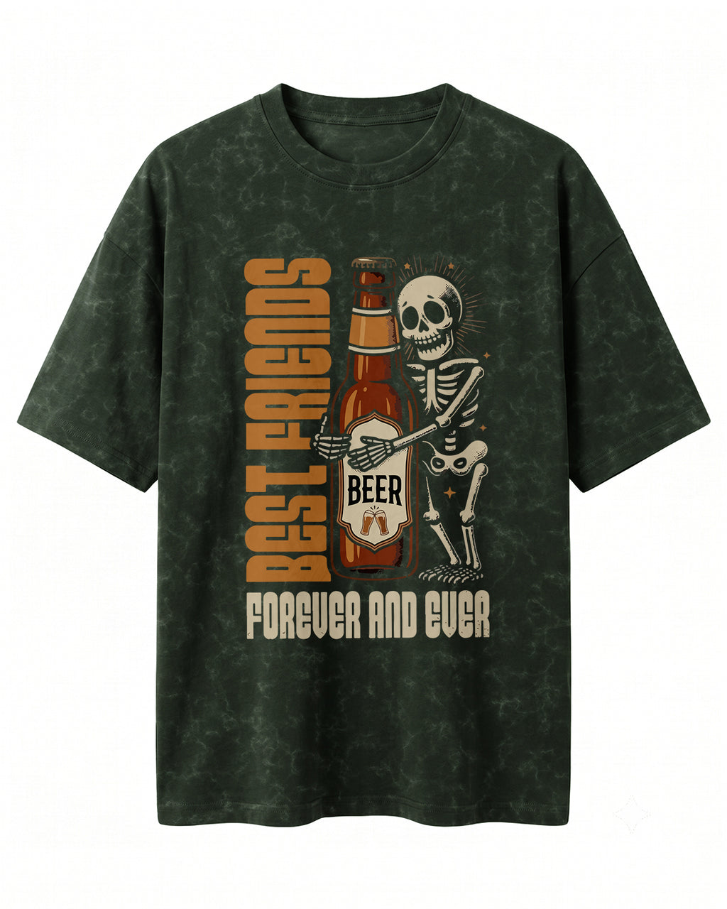 Xenovaurban 240 GSM heavyweight cotton oversized T-shirt featuring a beer bottle and skeleton illustration with the text Best Friends Forever and Ever