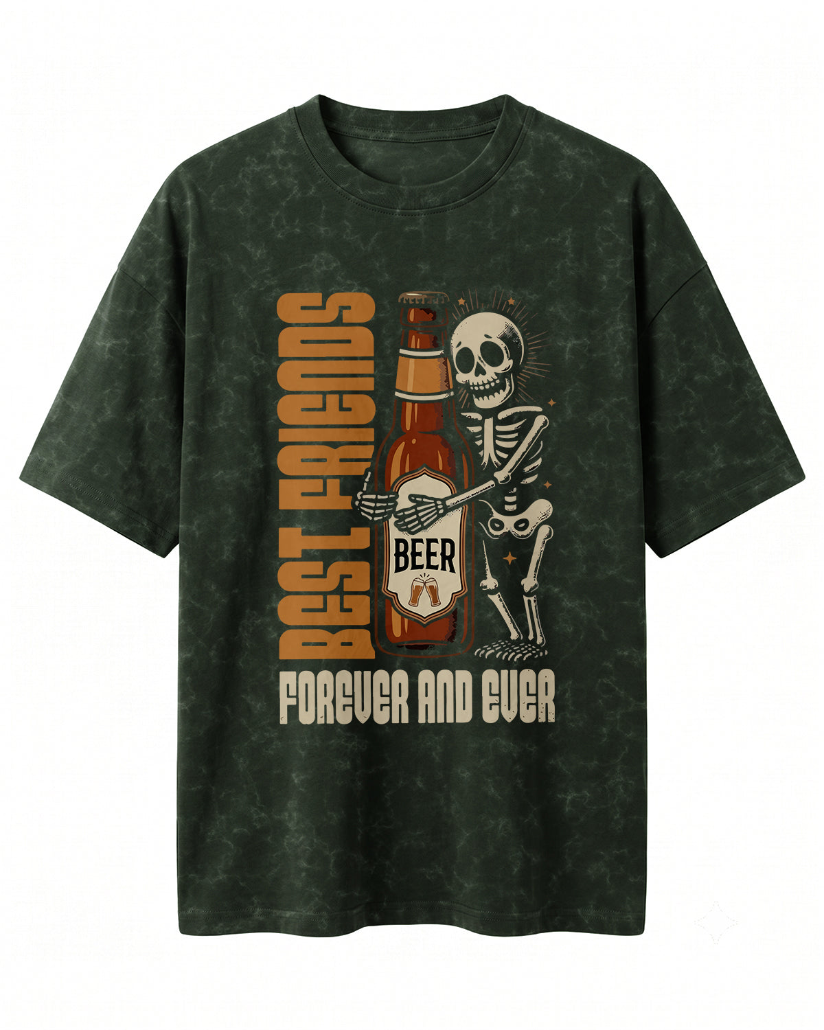 Xenovaurban 240 GSM heavyweight cotton oversized T-shirt featuring a beer bottle and skeleton illustration with the text Best Friends Forever and Ever