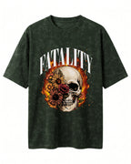 Oversized unisex acid washed t-shirt featuring “Fatality” typography print, crafted from 220 GSM cotton.