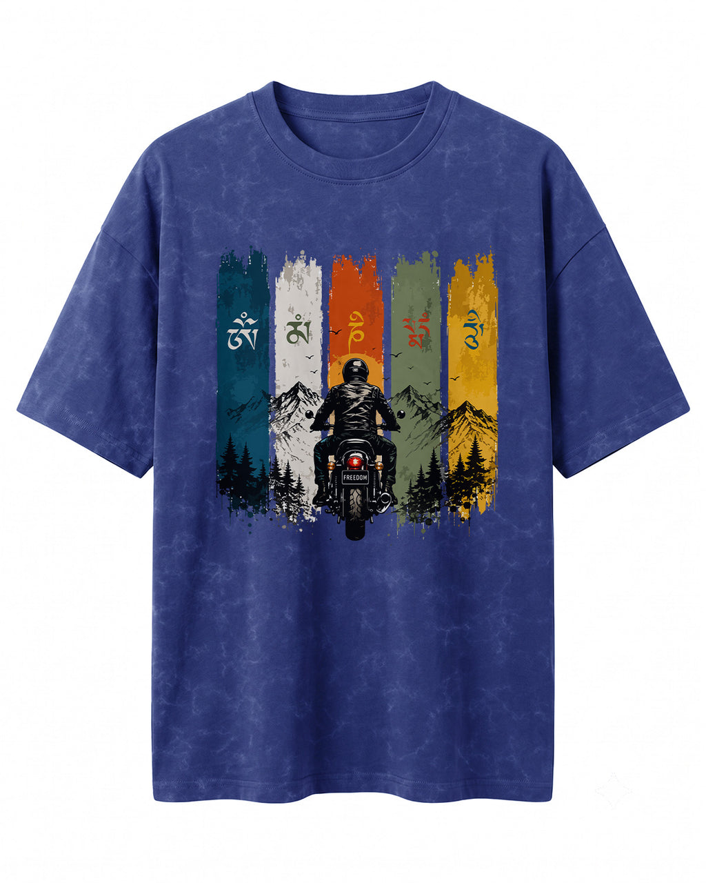 Xenovaurban Mountain Journey motorcycle graphic half sleeve T-shirt featuring a biker, mountain scenery and colourful vertical panels