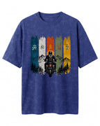 Xenovaurban Mountain Journey motorcycle graphic half sleeve T-shirt featuring a biker, mountain scenery and colourful vertical panels