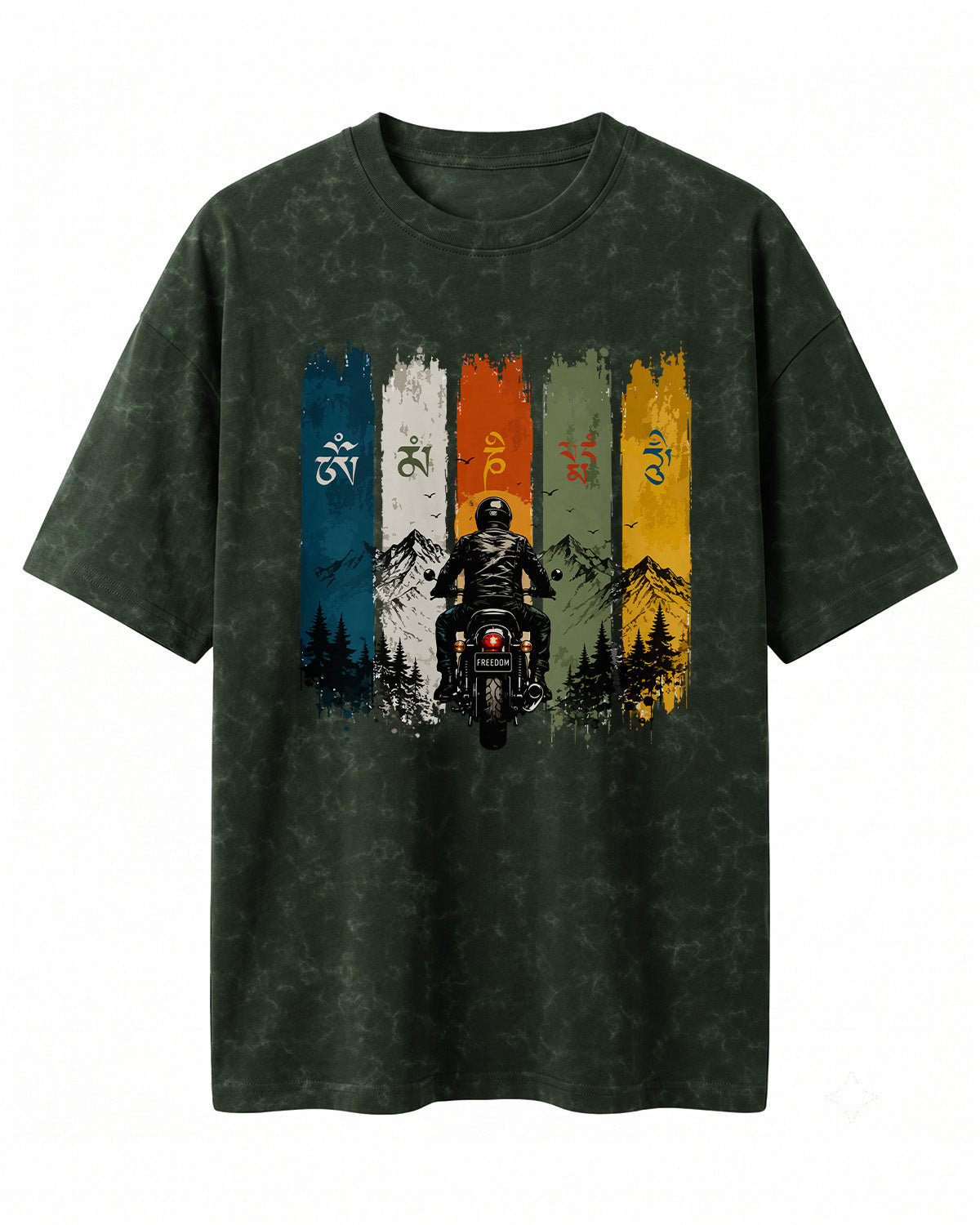 Xenovaurban Mountain Journey motorcycle graphic half sleeve T-shirt featuring a biker, mountain scenery and colourful vertical panels
