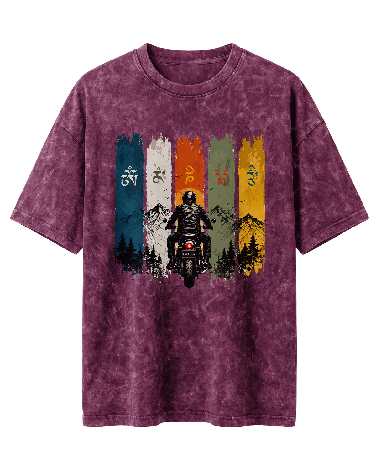 Xenovaurban Mountain Journey motorcycle graphic half sleeve T-shirt featuring a biker, mountain scenery and colourful vertical panels