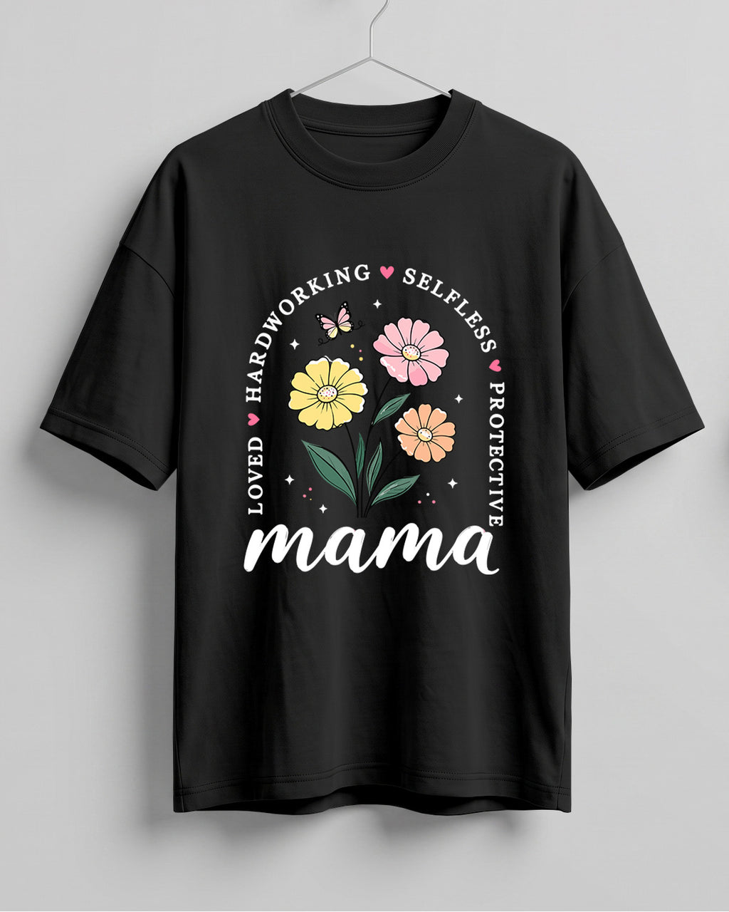 Xenovaurban oversized graphic T-shirt featuring Mama typography, colourful flowers, and words celebrating a mother's love and care