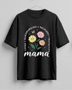 Xenovaurban oversized graphic T-shirt featuring Mama typography, colourful flowers, and words celebrating a mother's love and care