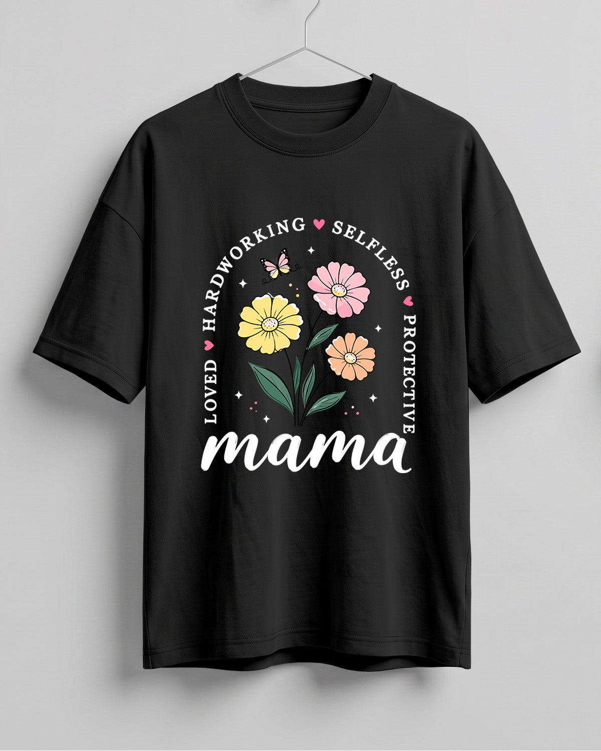 Xenovaurban oversized graphic T-shirt featuring Mama typography, colourful flowers, and words celebrating a mother's love and care