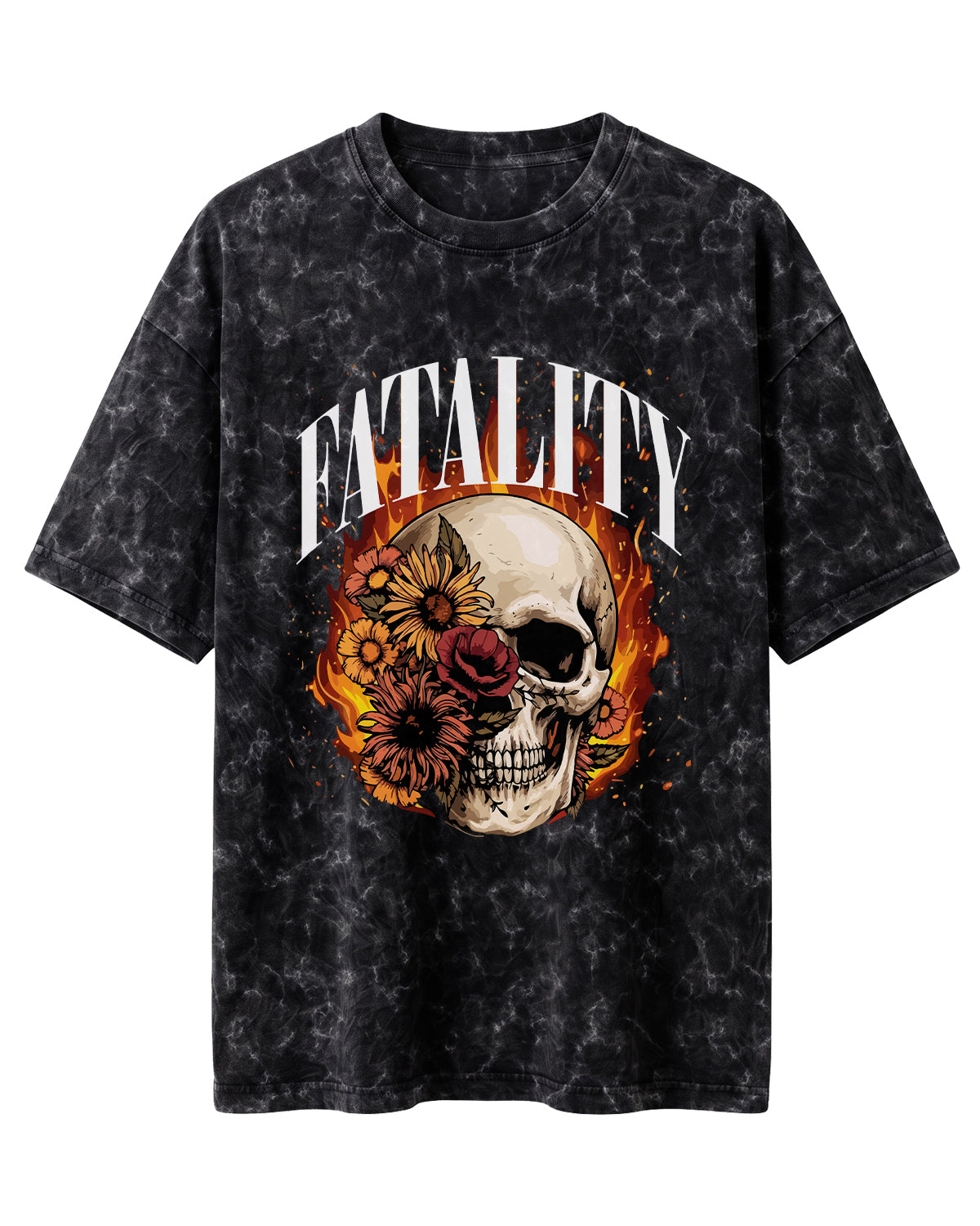 Oversized unisex acid washed t-shirt featuring “Fatality” typography print, crafted from 220 GSM cotton.