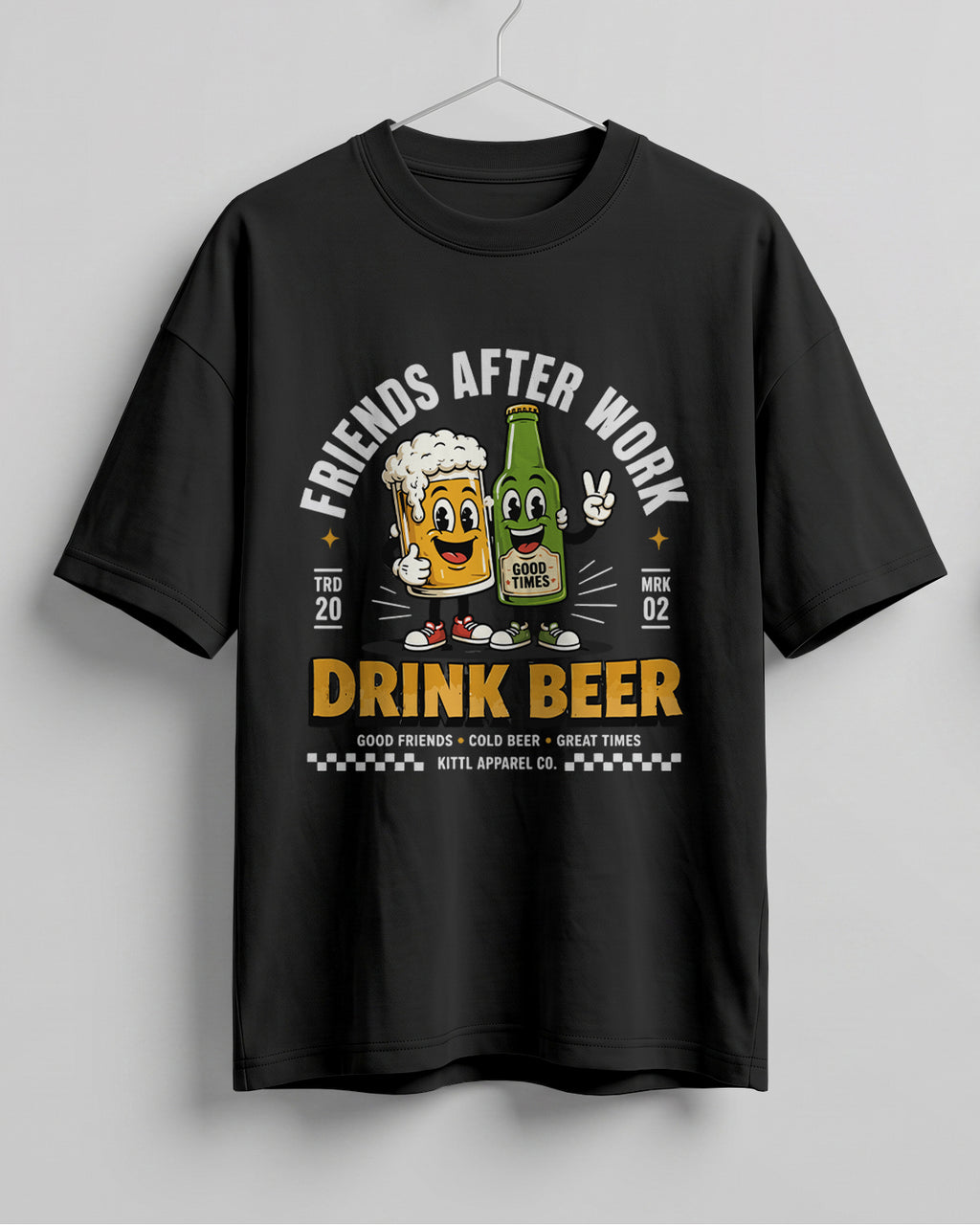 Xenovaurban oversized T-shirt featuring a beer mug and beer bottle illustration with the text Friends After Work Drink Beer