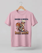 Foodie graphic half sleeve t-shirt featuring cartoon squirrel baking illustration with “Having a Mental Bake Down” typography printed on premium cotton fabric.