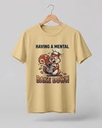 Foodie graphic half sleeve t-shirt featuring cartoon squirrel baking illustration with “Having a Mental Bake Down” typography printed on premium cotton fabric.