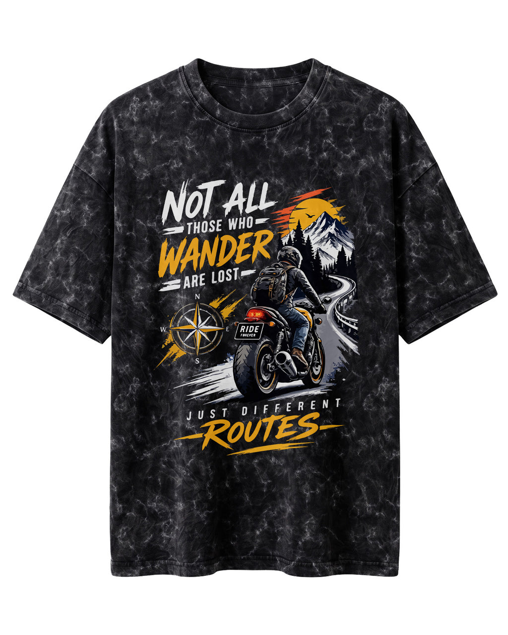 Xenovaurban Not All Who Wander motorcycle graphic half sleeve T-shirt with mountain road, compass and biker artwork
