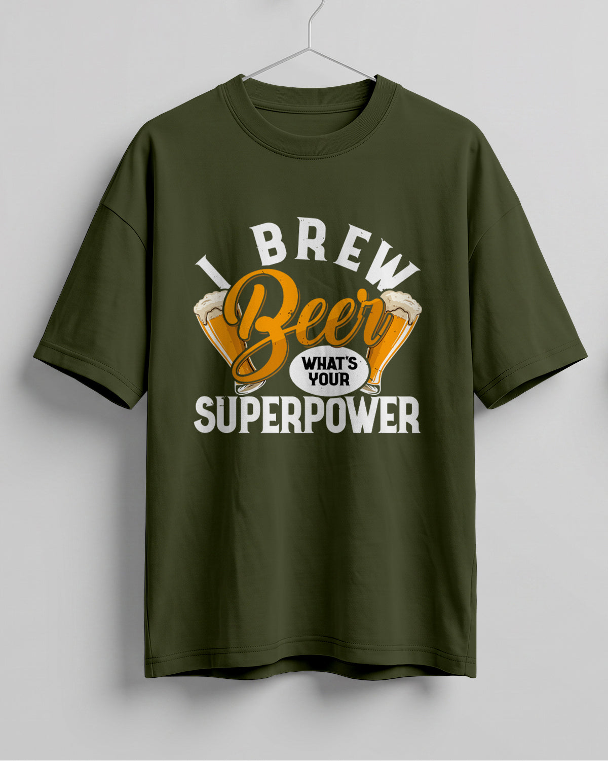 Xenovaurban oversized T-shirt featuring Beer What's Your Superpower typography and illustrated beer glasses