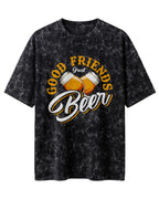 Xenovaurban 240 GSM heavyweight cotton oversized T-shirt featuring an illustration of two beer mugs clinking together with the text Good Friends, Great Beer