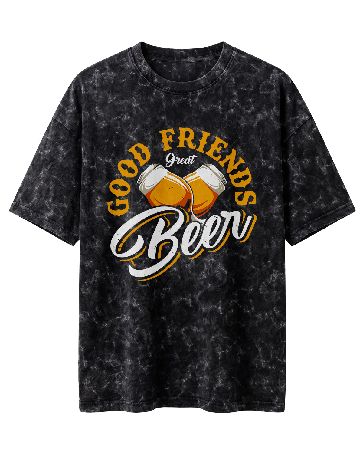Xenovaurban 240 GSM heavyweight cotton oversized T-shirt featuring an illustration of two beer mugs clinking together with the text Good Friends, Great Beer