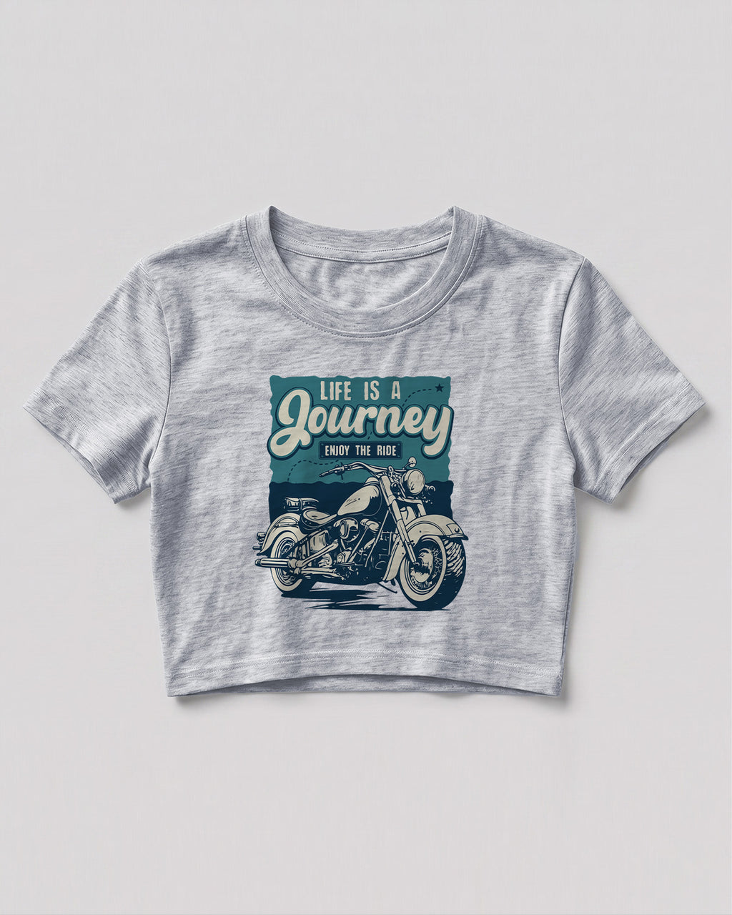 Xenovaurban crop top featuring a vintage-style motorcycle illustration with Life Is a Journey – Enjoy the Ride typography