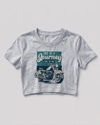 Xenovaurban crop top featuring a vintage-style motorcycle illustration with Life Is a Journey – Enjoy the Ride typography