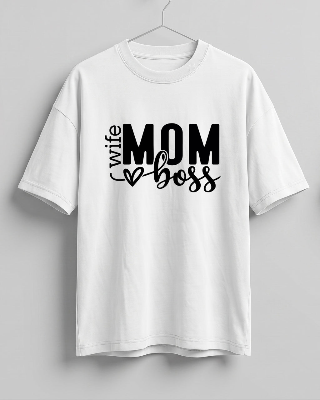 Xenovaurban oversized graphic T-shirt featuring Mom Wife Boss typography with a heart detail