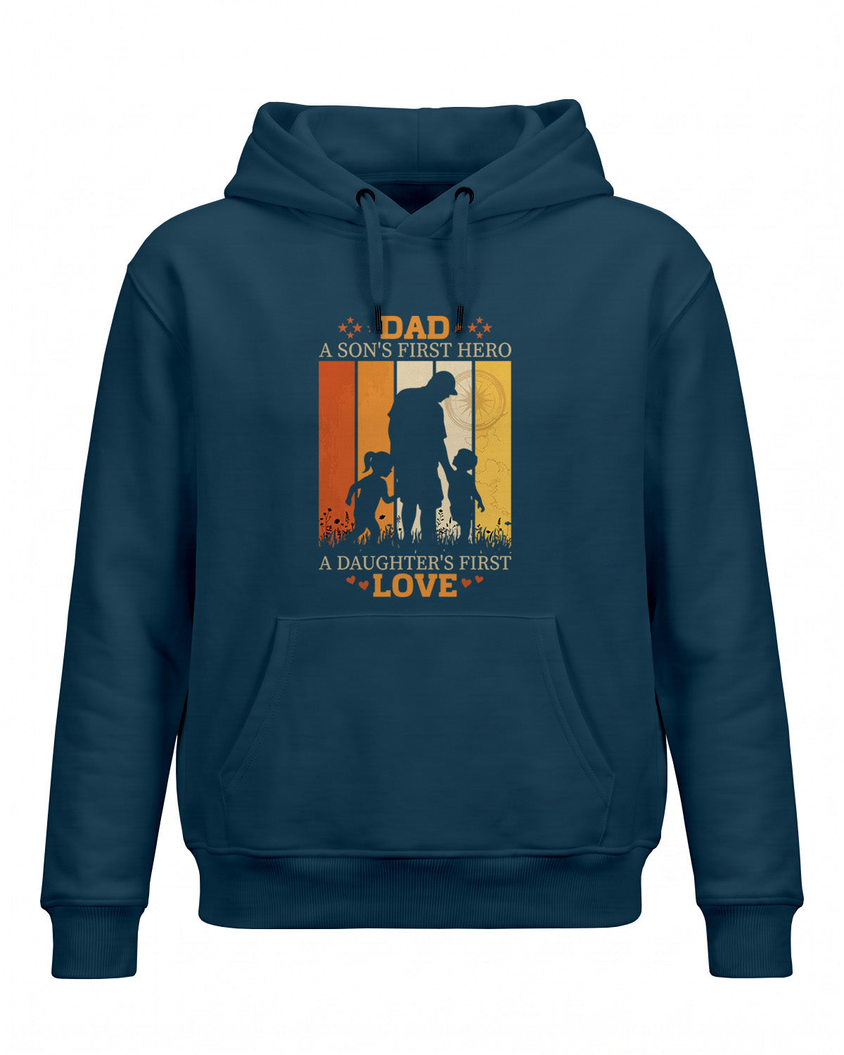 Xenovaurban graphic hoodie featuring father and children silhouette illustration and “Dad, A Son's First Hero, A Daughter's First Love” typography.
