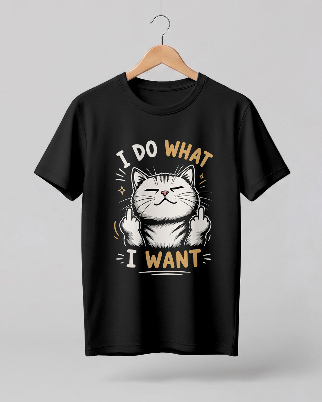 Sarcastic graphic half sleeve t-shirt featuring confident cat artwork with I Do What I Want quote printed on premium cotton fabric