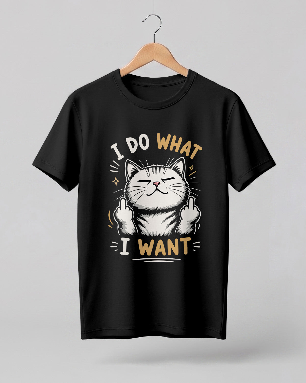Sarcastic graphic half sleeve t-shirt featuring confident cat artwork with I Do What I Want quote printed on premium cotton fabric
