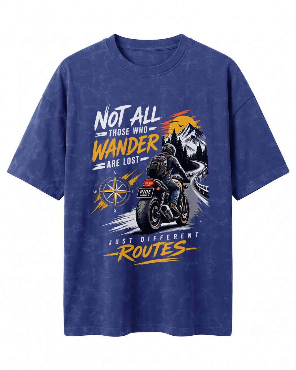 Xenovaurban Not All Who Wander motorcycle graphic half sleeve T-shirt with mountain road, compass and biker artwork