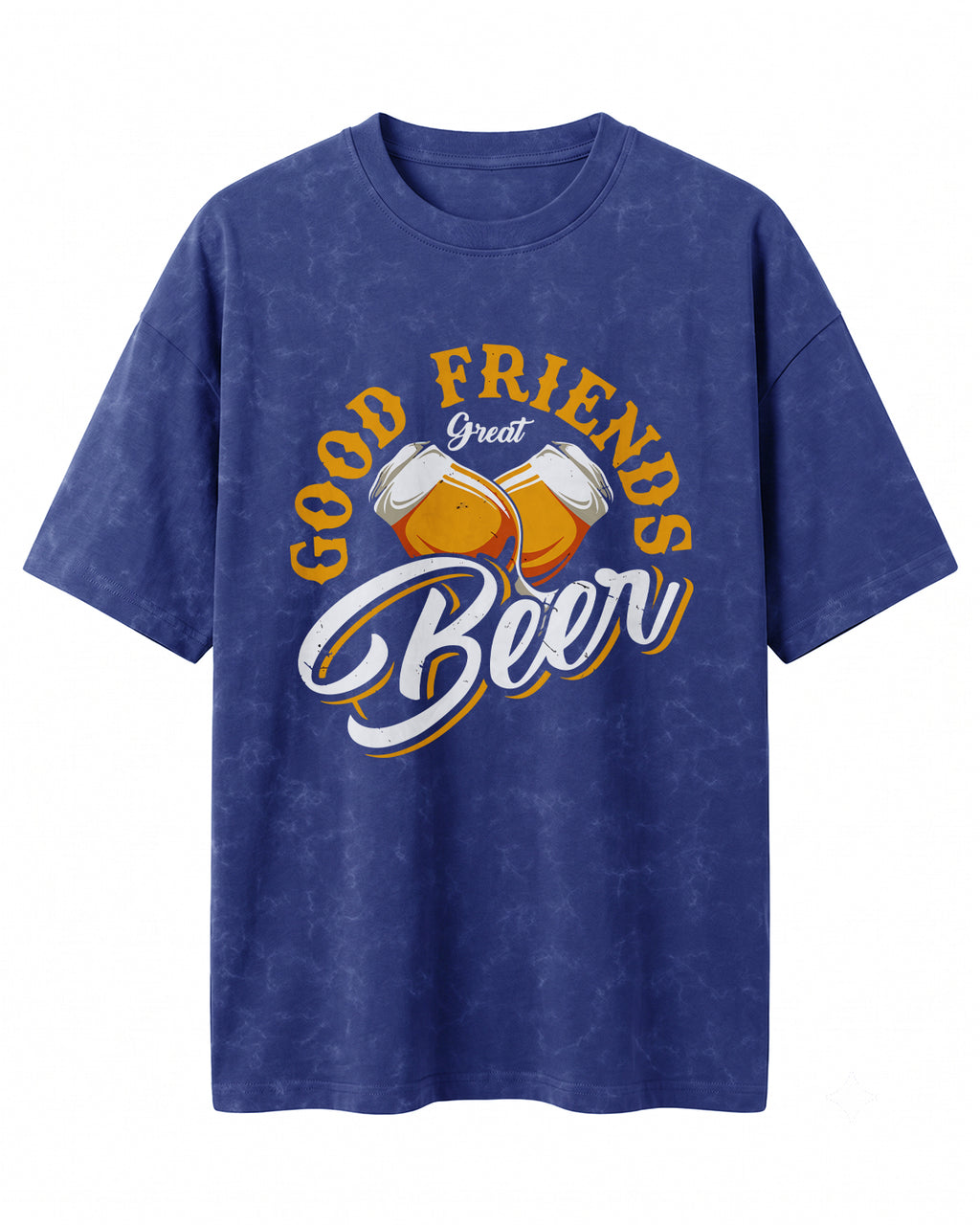 Xenovaurban 240 GSM heavyweight cotton oversized T-shirt featuring an illustration of two beer mugs clinking together with the text Good Friends, Great Beer