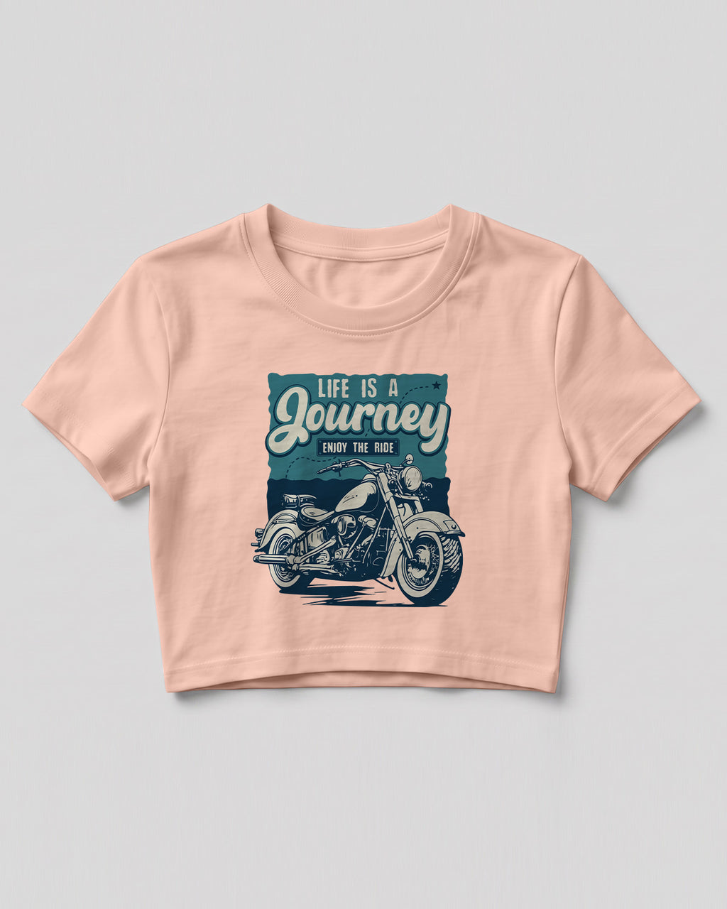 Xenovaurban crop top featuring a vintage-style motorcycle illustration with Life Is a Journey – Enjoy the Ride typography