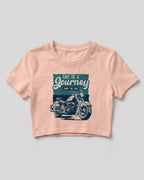 Xenovaurban crop top featuring a vintage-style motorcycle illustration with Life Is a Journey – Enjoy the Ride typography