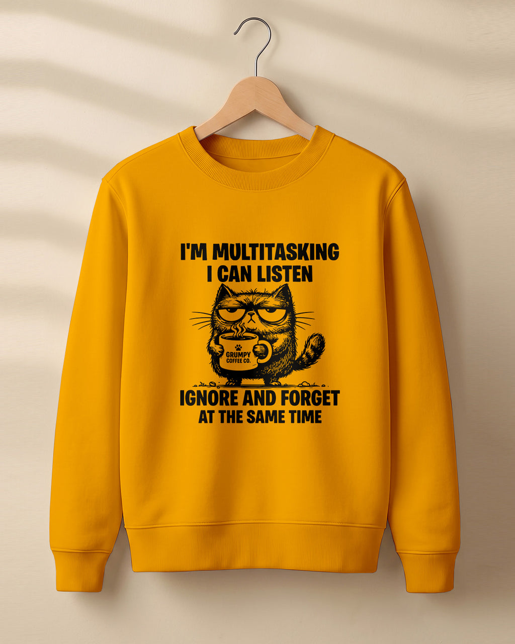 Sarcastic graphic sweatshirt featuring grumpy cat artwork with I'm Multitasking quote printed on premium cotton fabric
