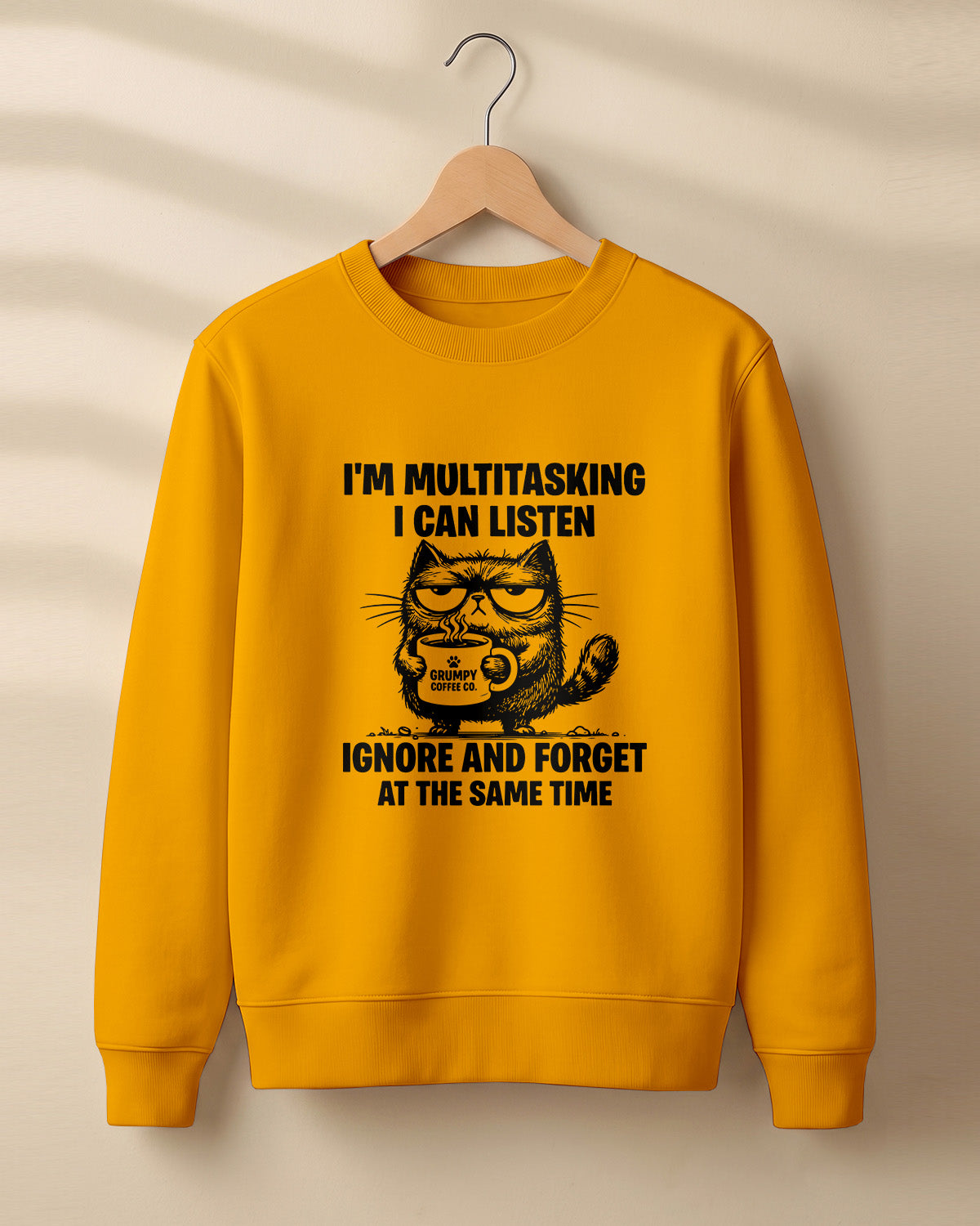 Sarcastic graphic sweatshirt featuring grumpy cat artwork with I'm Multitasking quote printed on premium cotton fabric