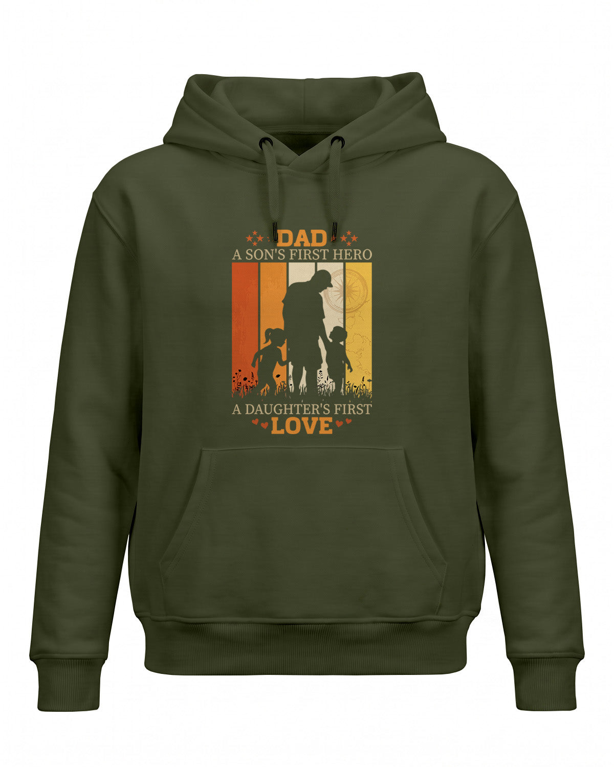 Xenovaurban graphic hoodie featuring father and children silhouette illustration and “Dad, A Son's First Hero, A Daughter's First Love” typography.