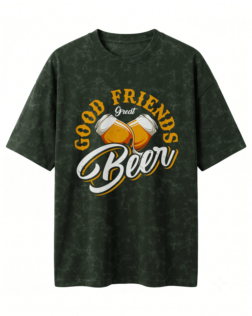 Xenovaurban 240 GSM heavyweight cotton oversized T-shirt featuring an illustration of two beer mugs clinking together with the text Good Friends, Great Beer