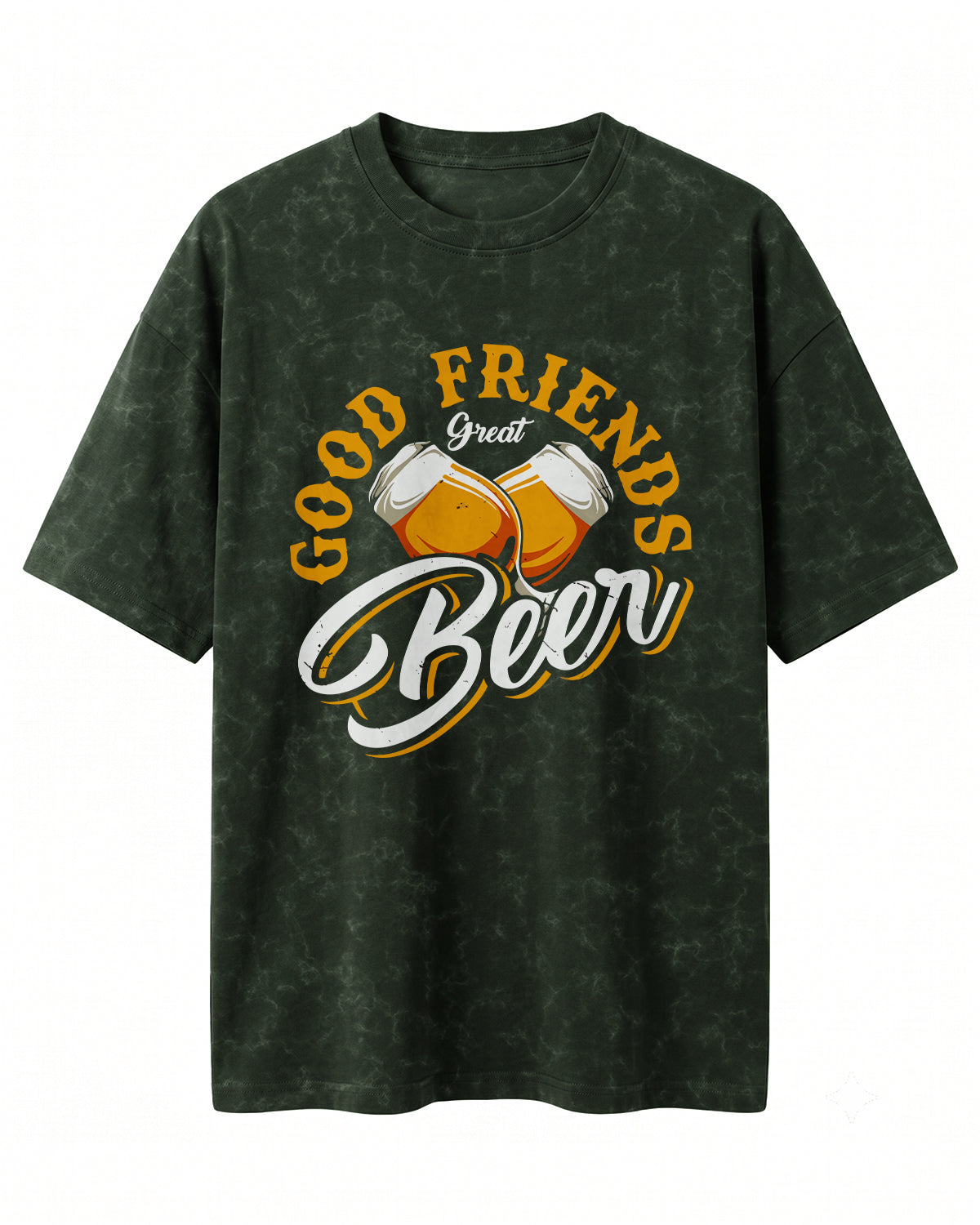 Xenovaurban 240 GSM heavyweight cotton oversized T-shirt featuring an illustration of two beer mugs clinking together with the text Good Friends, Great Beer