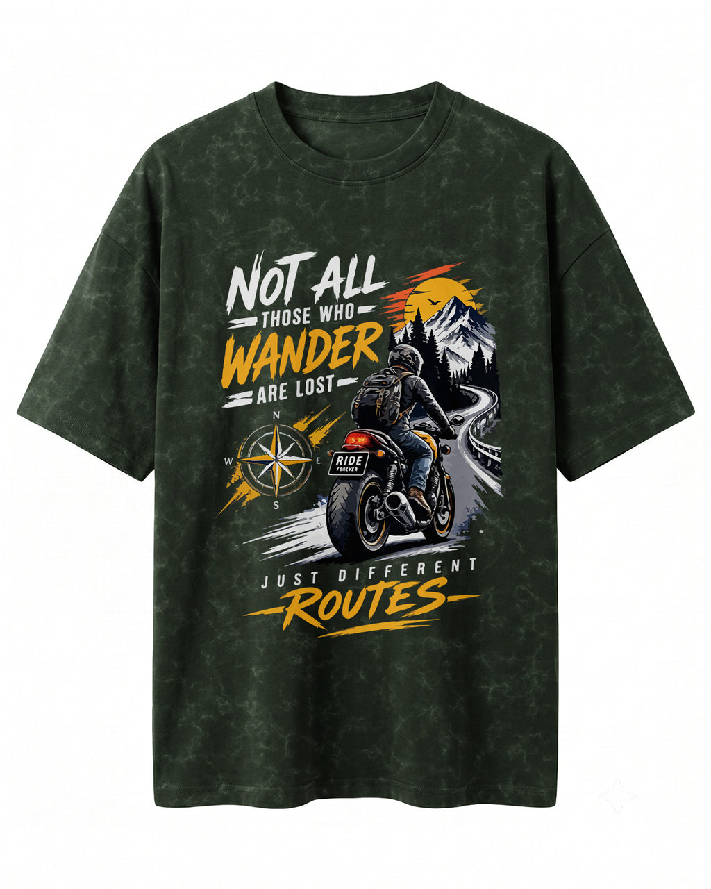 Xenovaurban Not All Who Wander motorcycle graphic half sleeve T-shirt with mountain road, compass and biker artwork