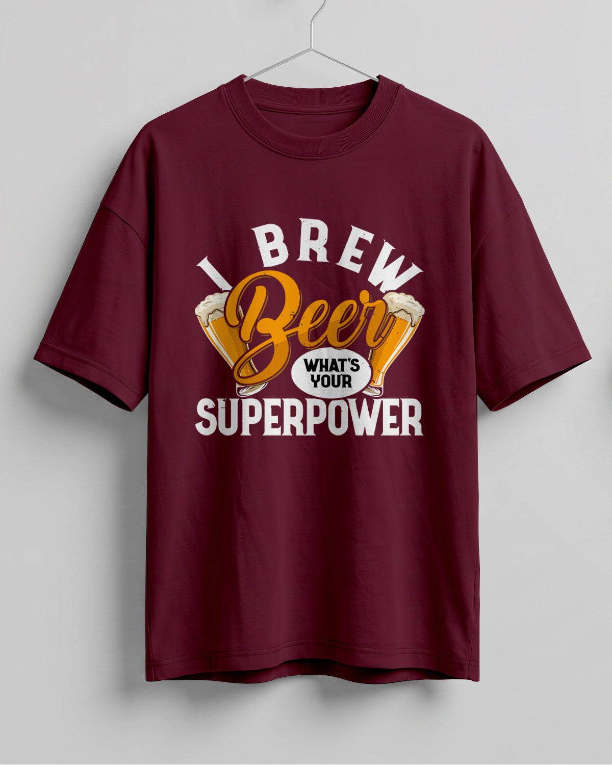 Xenovaurban oversized T-shirt featuring Beer What's Your Superpower typography and illustrated beer glasses