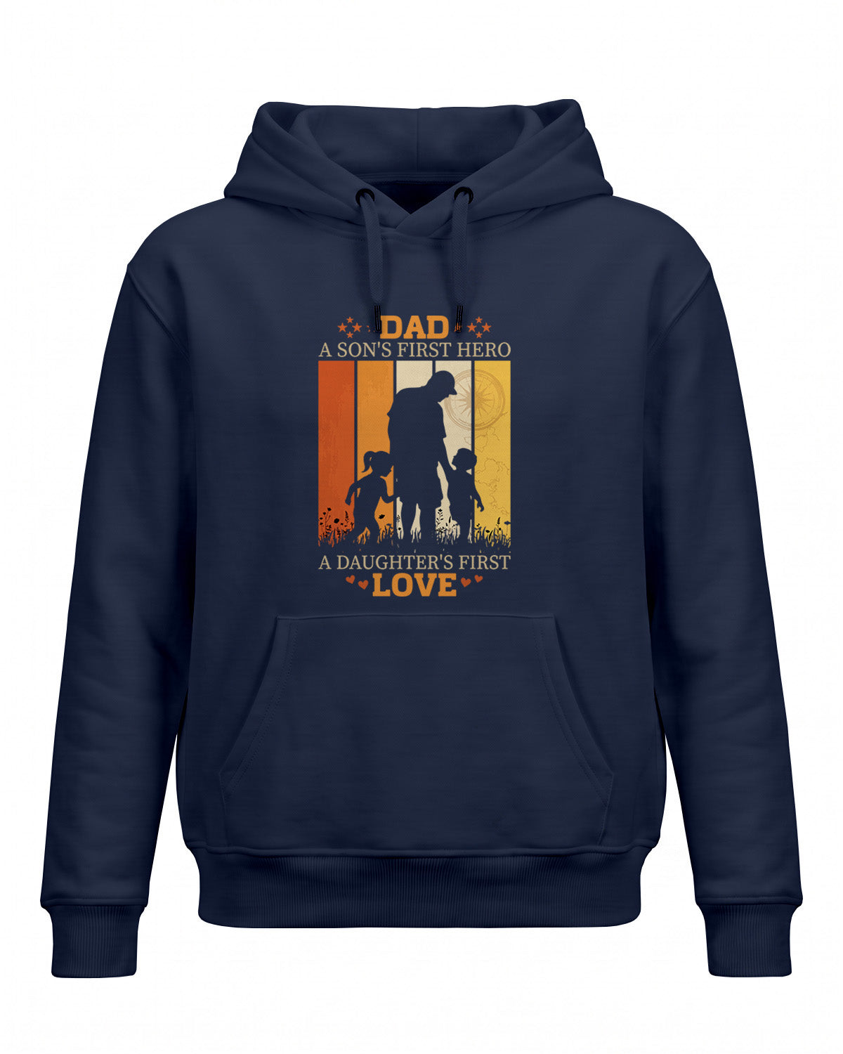 Xenovaurban graphic hoodie featuring father and children silhouette illustration and “Dad, A Son's First Hero, A Daughter's First Love” typography.
