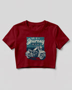 Xenovaurban crop top featuring a vintage-style motorcycle illustration with Life Is a Journey – Enjoy the Ride typography