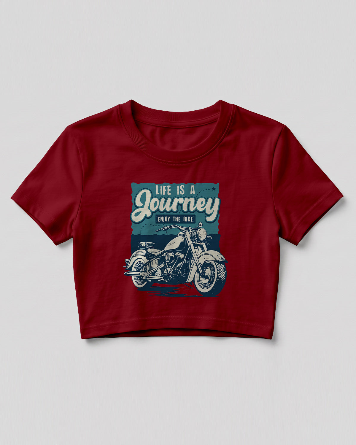 Xenovaurban crop top featuring a vintage-style motorcycle illustration with Life Is a Journey – Enjoy the Ride typography