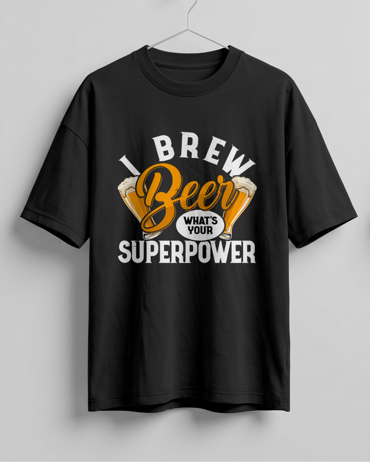 Xenovaurban oversized T-shirt featuring Beer What's Your Superpower typography and illustrated beer glasses