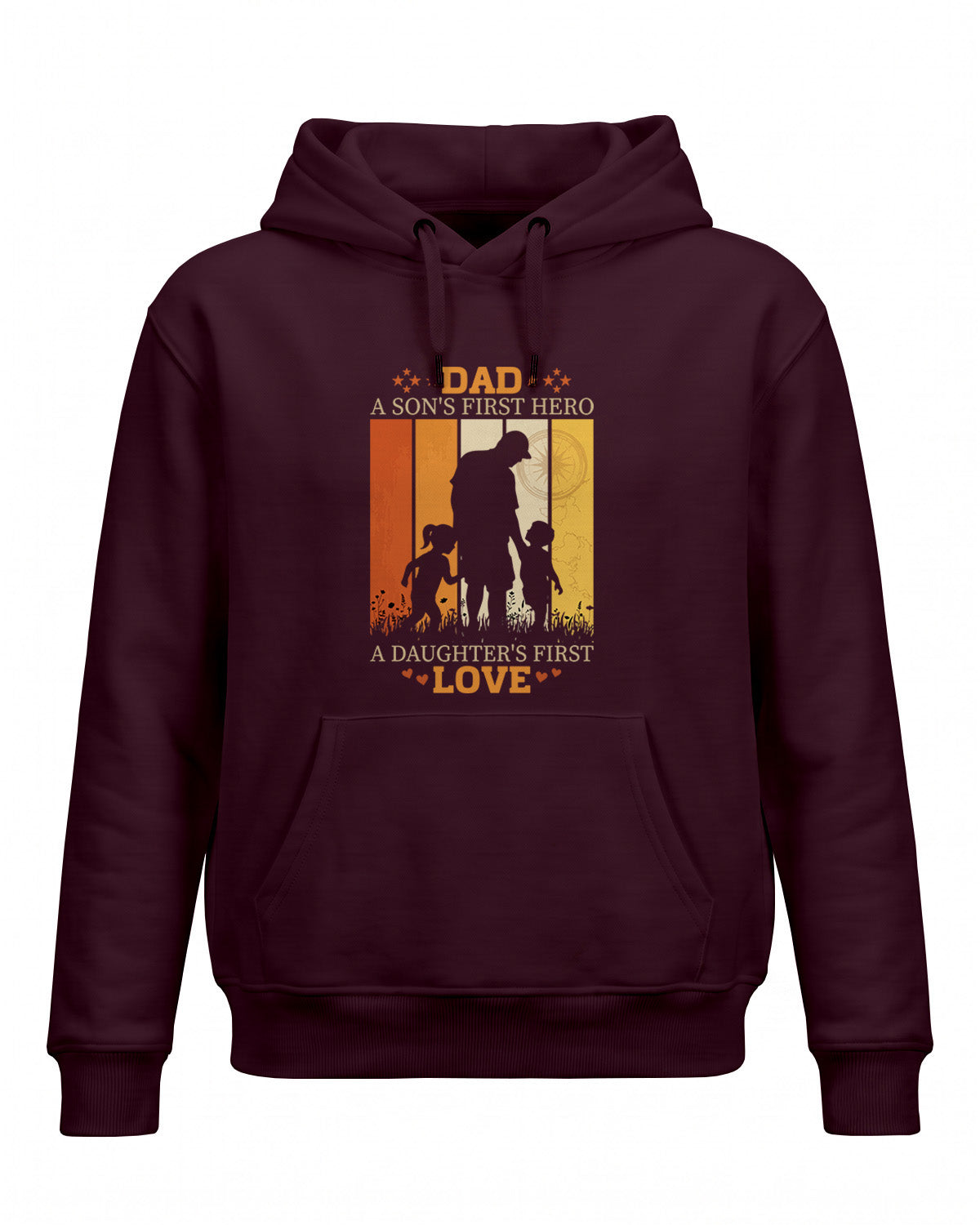 Xenovaurban graphic hoodie featuring father and children silhouette illustration and “Dad, A Son's First Hero, A Daughter's First Love” typography.
