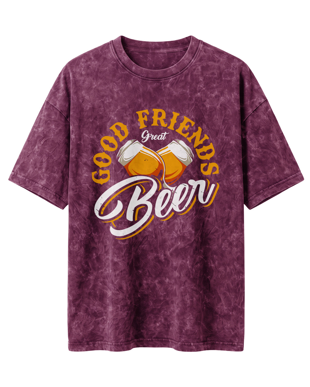 Xenovaurban 240 GSM heavyweight cotton oversized T-shirt featuring an illustration of two beer mugs clinking together with the text Good Friends, Great Beer