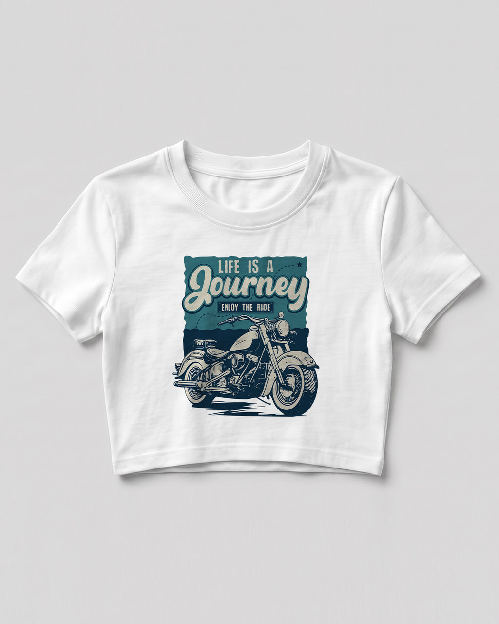 Xenovaurban crop top featuring a vintage-style motorcycle illustration with Life Is a Journey – Enjoy the Ride typography