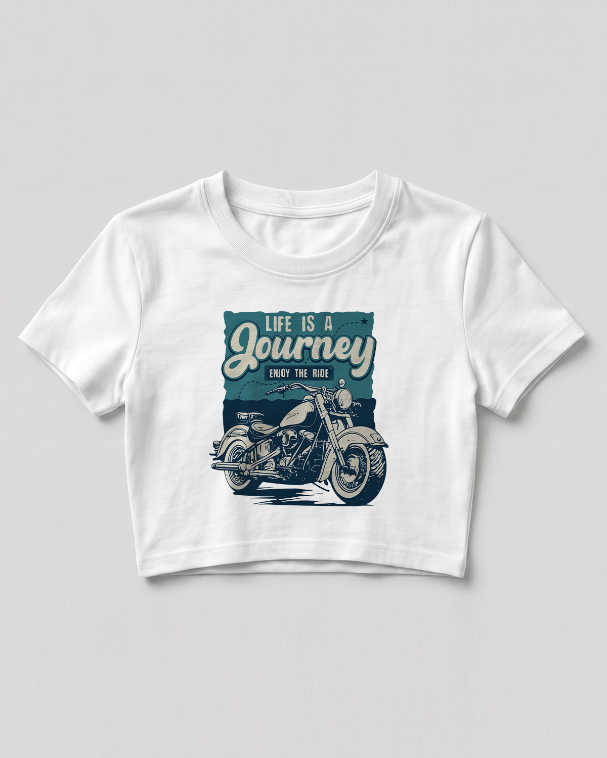 Xenovaurban crop top featuring a vintage-style motorcycle illustration with Life Is a Journey – Enjoy the Ride typography