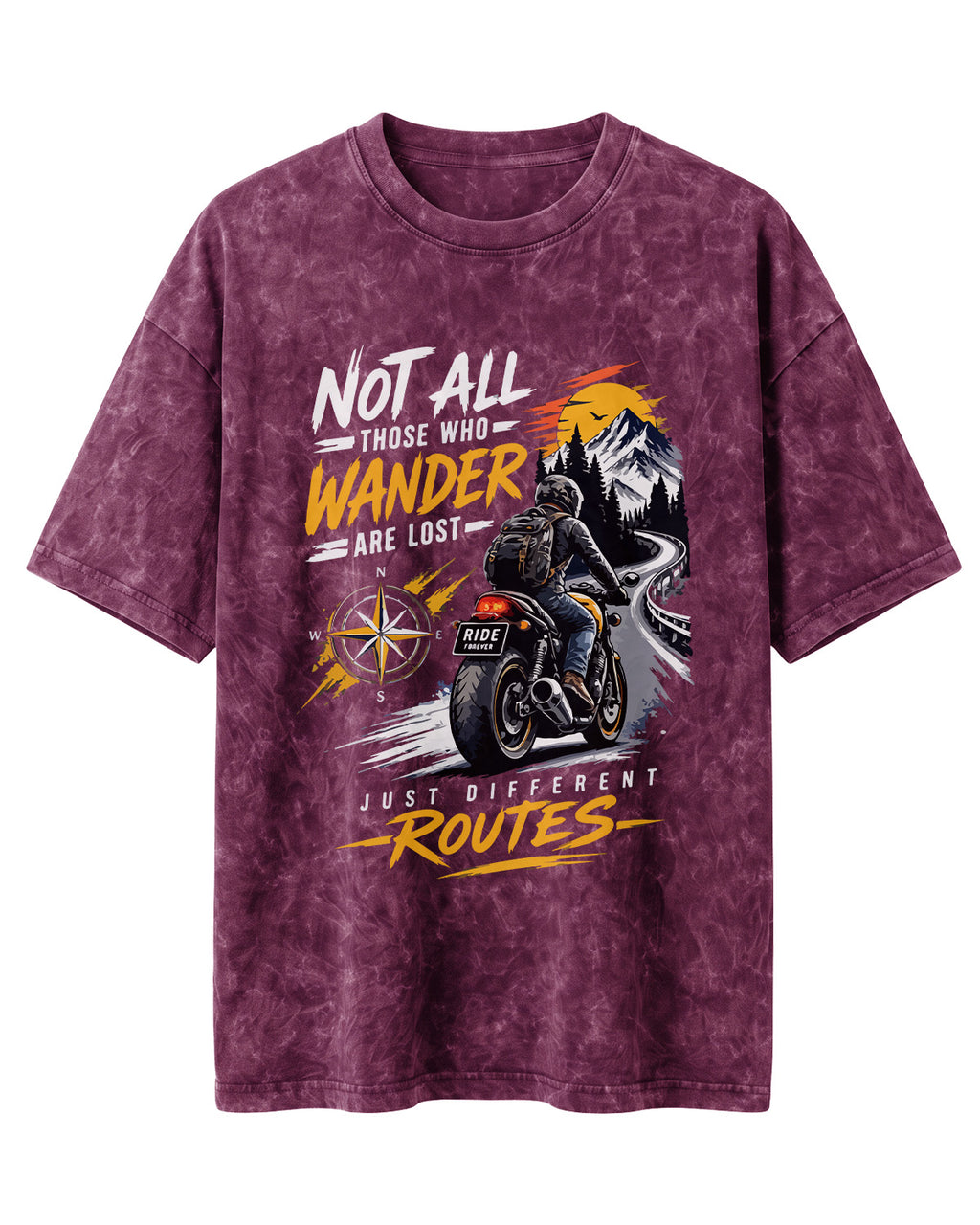 Xenovaurban Not All Who Wander motorcycle graphic half sleeve T-shirt with mountain road, compass and biker artwork