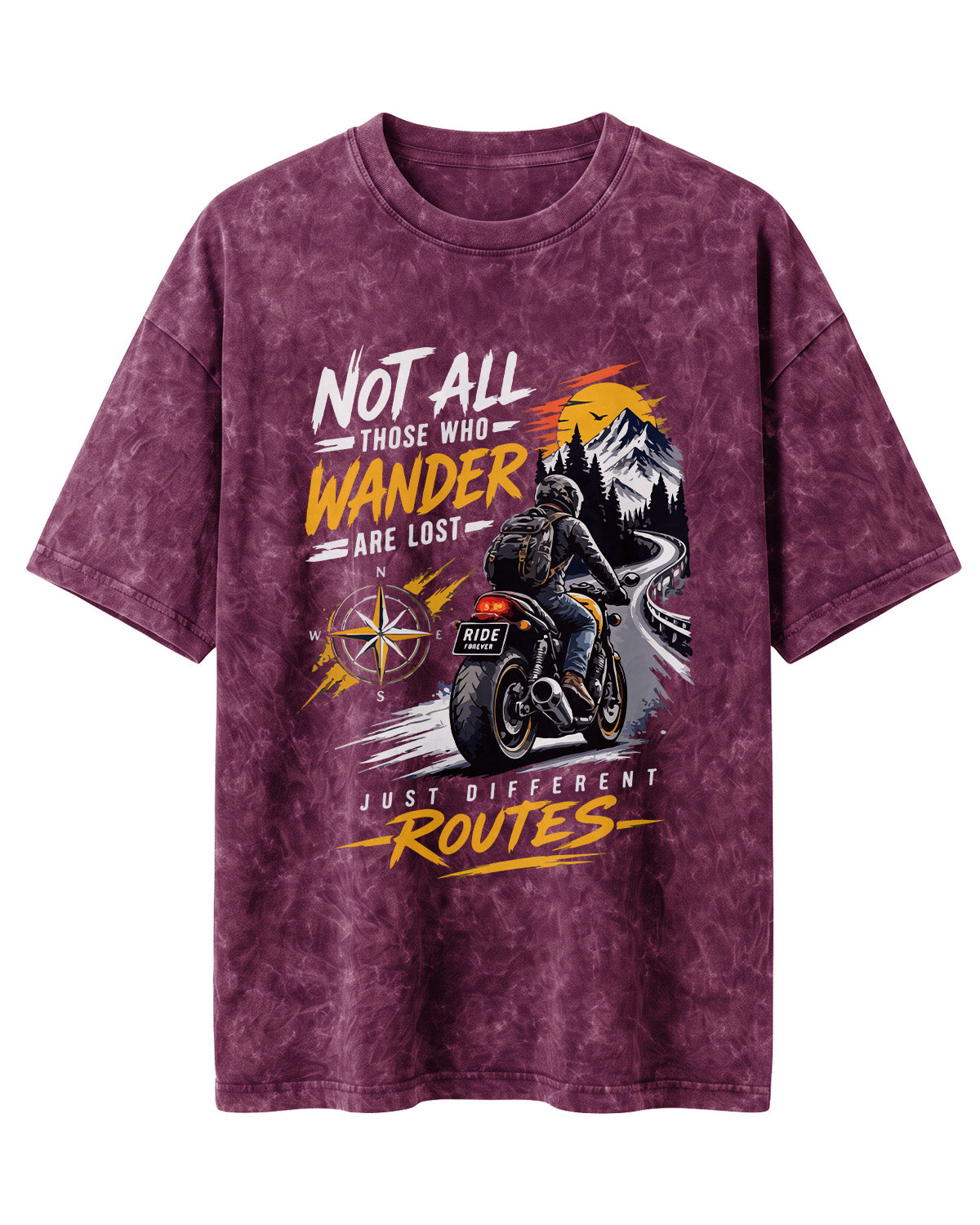 Xenovaurban Not All Who Wander motorcycle graphic half sleeve T-shirt with mountain road, compass and biker artwork