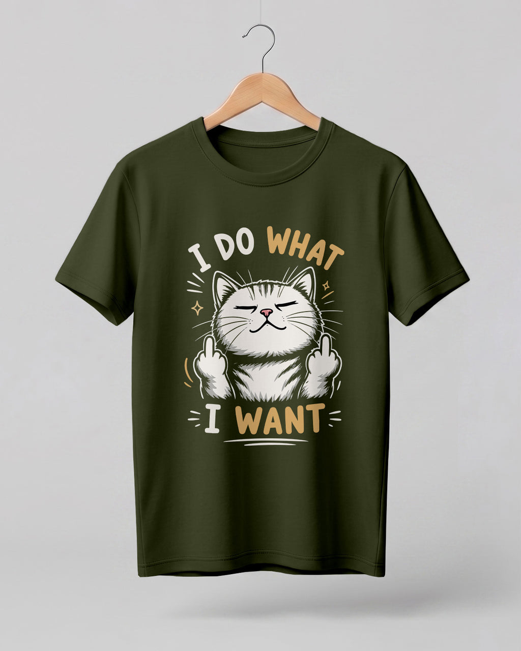 Sarcastic graphic half sleeve t-shirt featuring confident cat artwork with I Do What I Want quote printed on premium cotton fabric