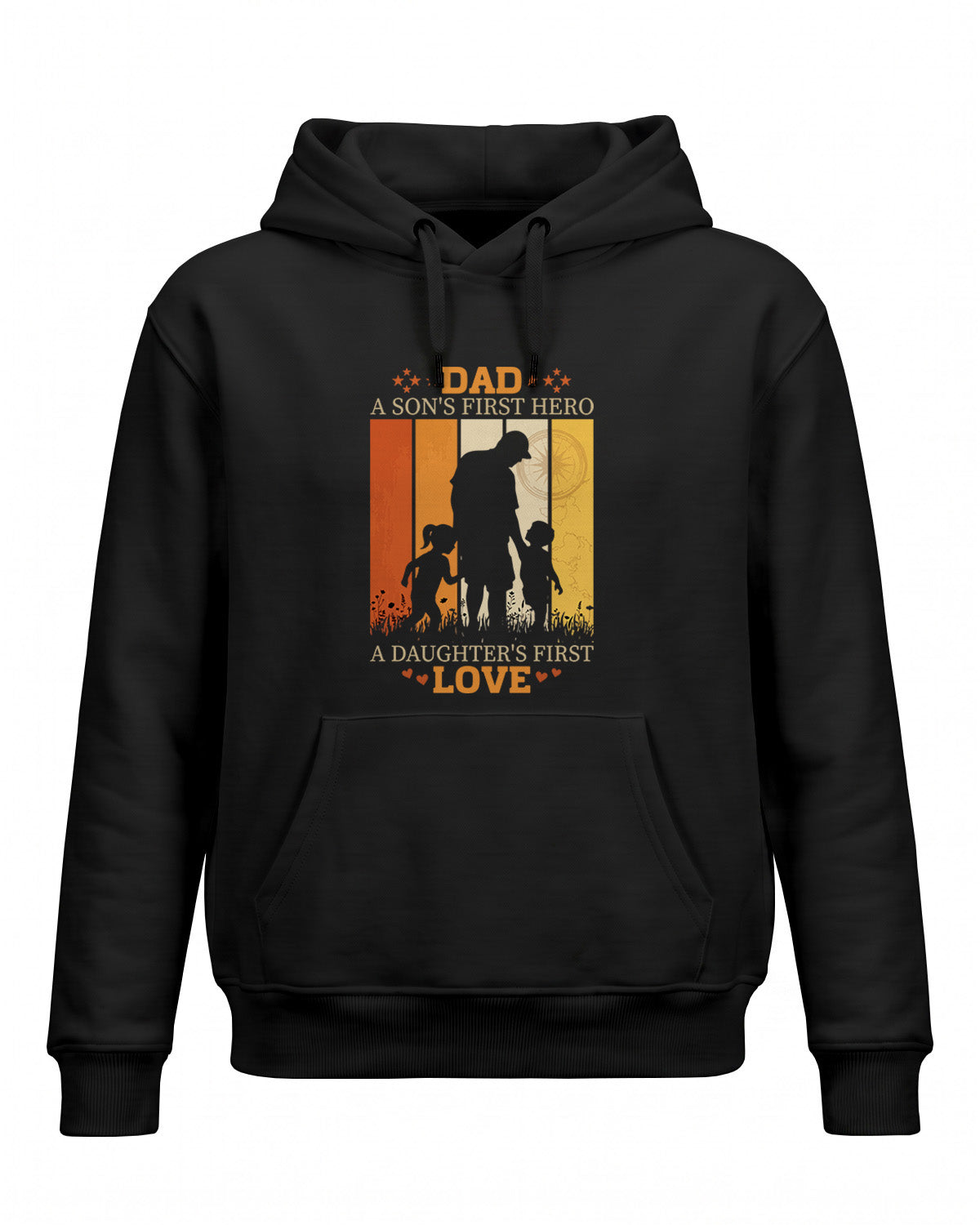 Xenovaurban graphic hoodie featuring father and children silhouette illustration and “Dad, A Son's First Hero, A Daughter's First Love” typography.