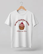 Foodie graphic half sleeve t-shirt featuring cupcake illustration with “In My Baking Mode” and “Baked with Love” typography printed on premium cotton fabric.
